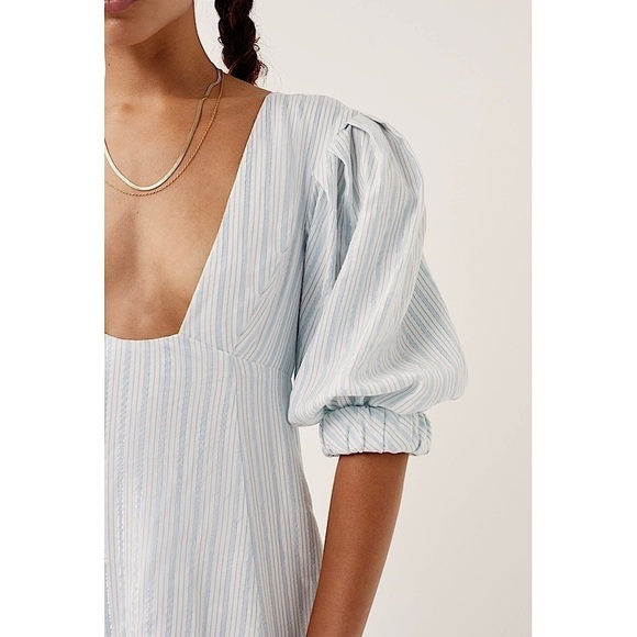 LOVE & LEMONS 90s Puff Short Sleeve Stripe Plunge Square Neck Babydoll Dress XS - Picture 2 of 5